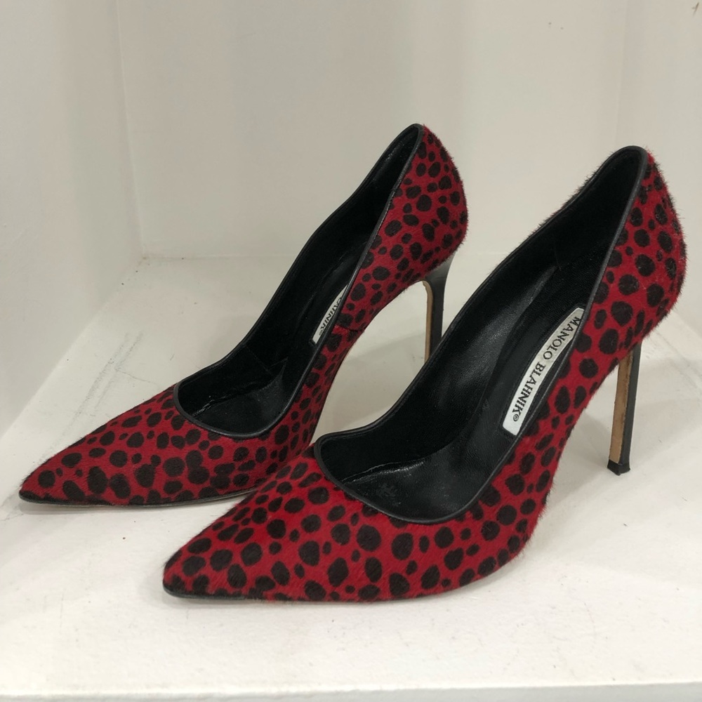 Manola Blahnik Red Animal Print Pump